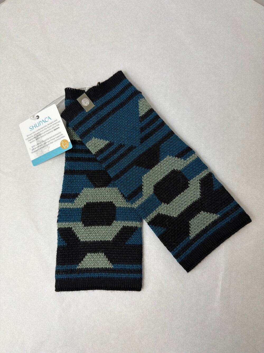 NWT Shupaca 100% Baby Alpaca BLUE GRN Handmade PERU Handwarmer Fingerless Gloves